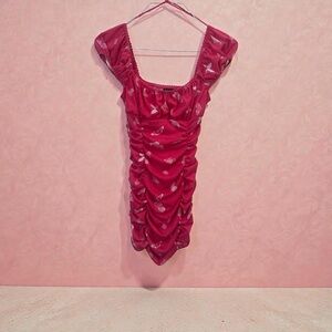Urban Outfitters Pink Butterfly Ruched Mini Dress